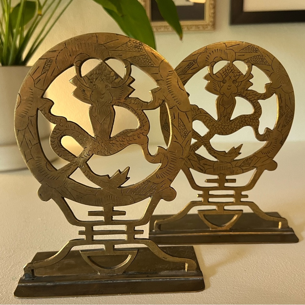 Vintage Chinese Dragon Brass Bookends Chinoiserie 6.25" Tall × 5" Wide MCM